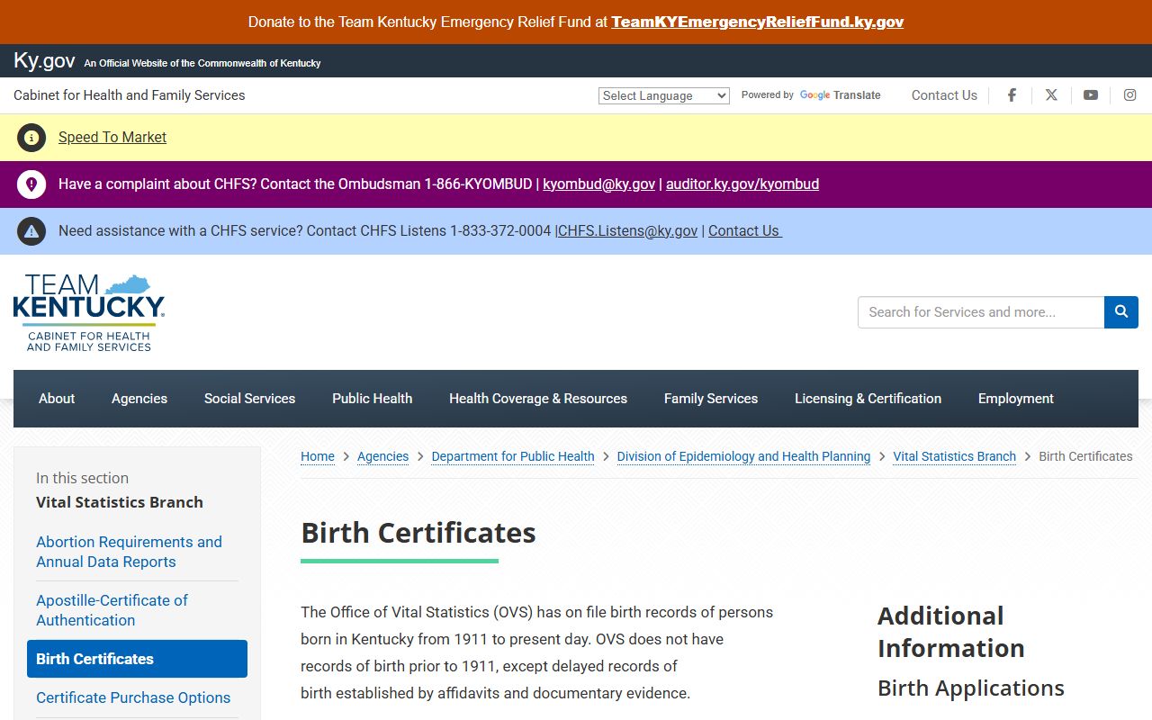 Kentucky birth certificate information page
