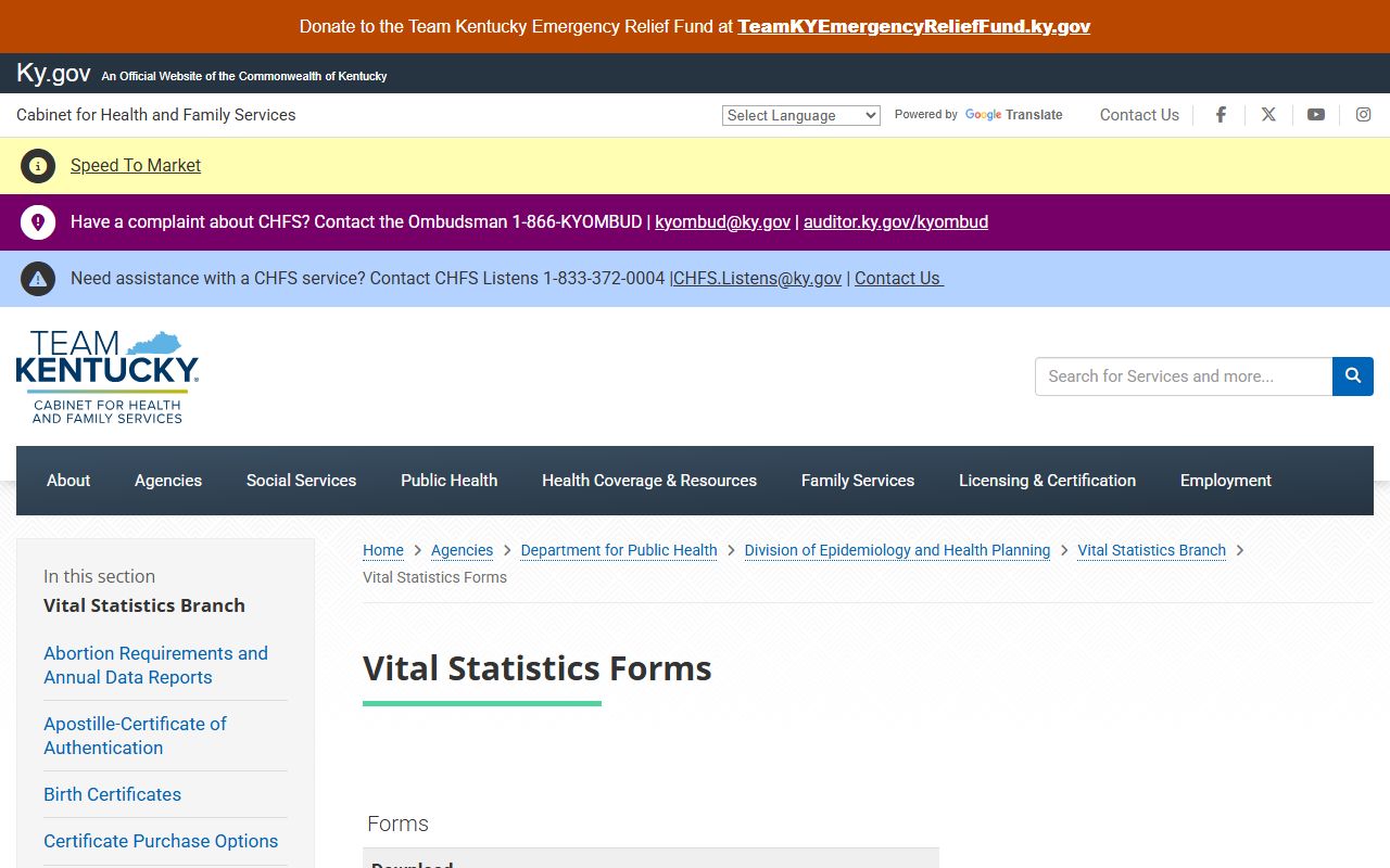 Kentucky vital records forms page